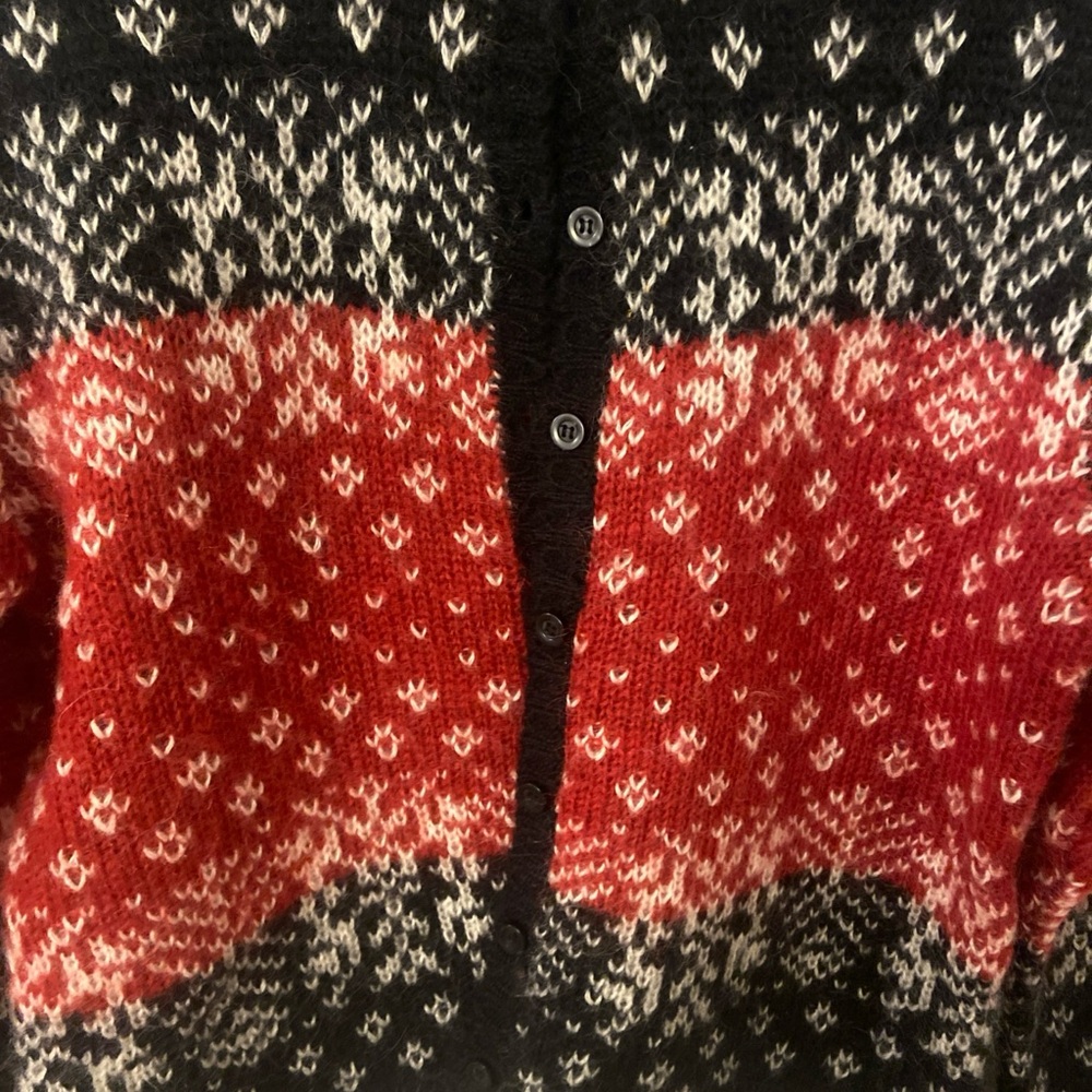 VTG Paul Harris Design Mohair Fair Isle Birds Eye Sweater Cardigan Black Red M